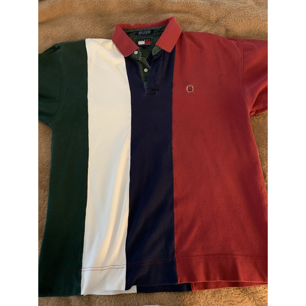 Tommy Hilfiger Vintage 1990s Polo Shirt Colorblock Striped Logo Crest Large Men